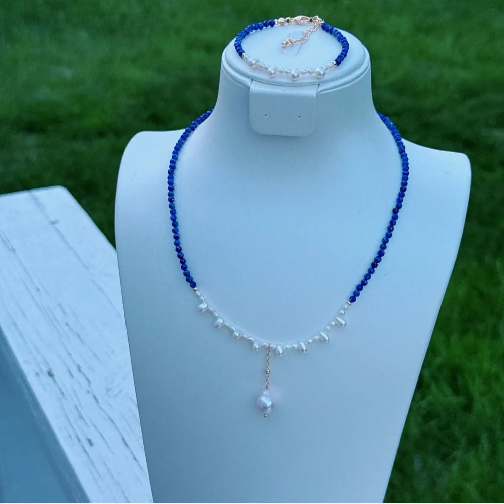 AM69 Handmade Freshwater Baroque Pearl Lapis Necklace Bracelet Set - Picture 3 of 8